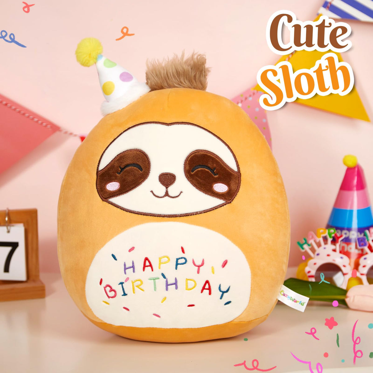 CozyWorld birthday sloth pillow embroidery-detail, highlighting the "HAPPY BIRTHDAY" design.