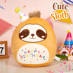 CozyWorld birthday sloth pillow embroidery-detail, highlighting the "HAPPY BIRTHDAY" design.