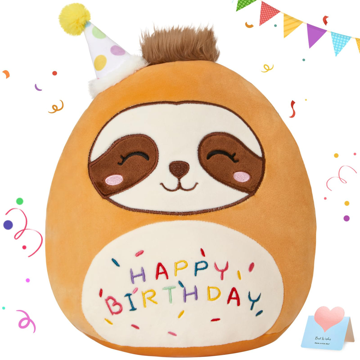 CozyWorld birthday sloth pillow front view, perfect for cuddling and gifting.
