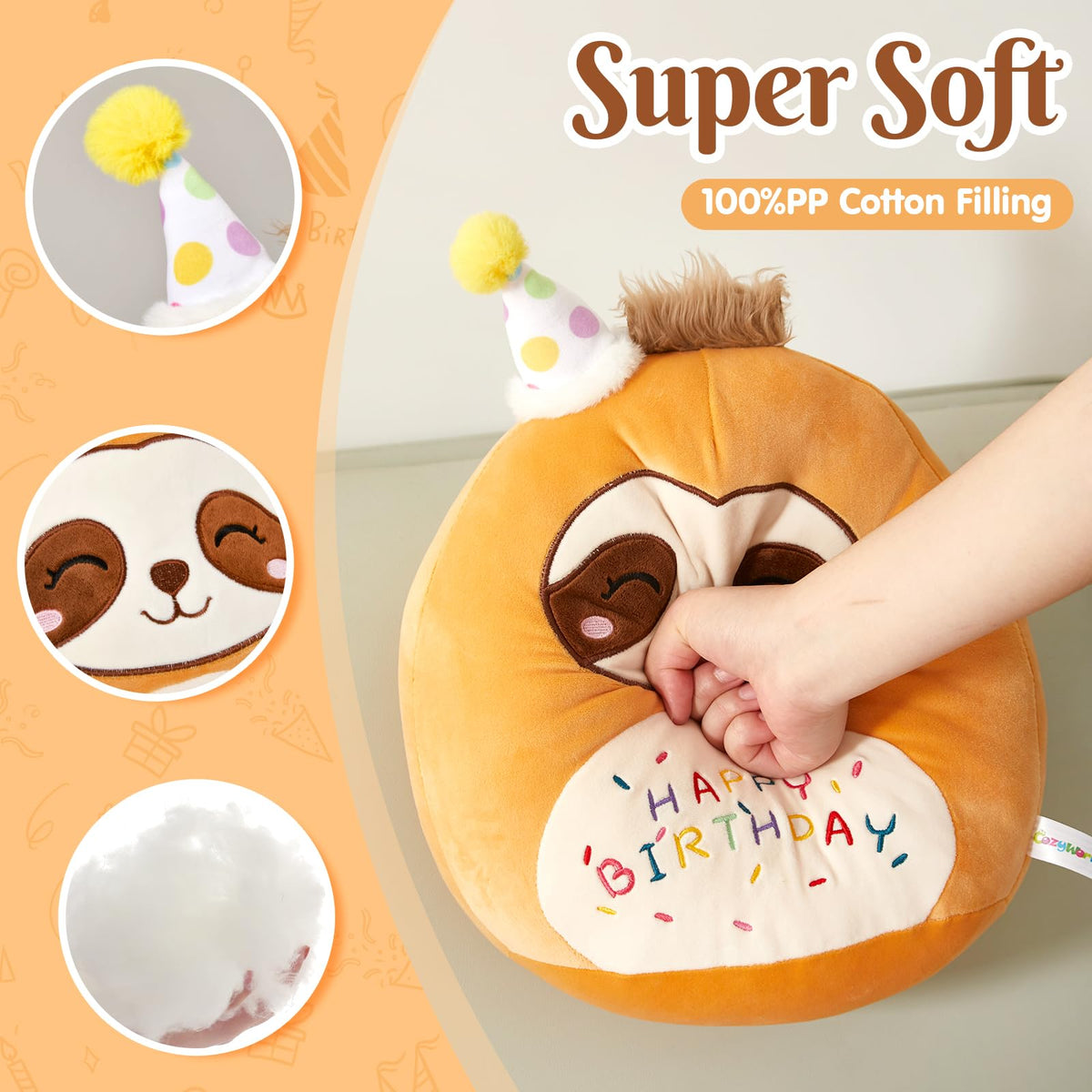 CozyWorld birthday sloth pillow happy-face, a playful decor piece for kids' rooms.