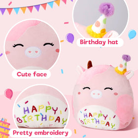 CozyWorld cow plush with hat sings, creating a delightful birthday moment