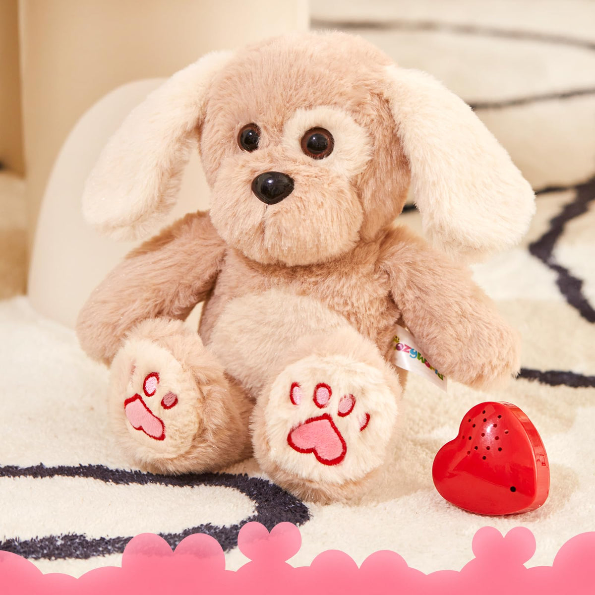 CozyWorld Heartbeat Puppy heart recorder close-up demonstrating easy record playback