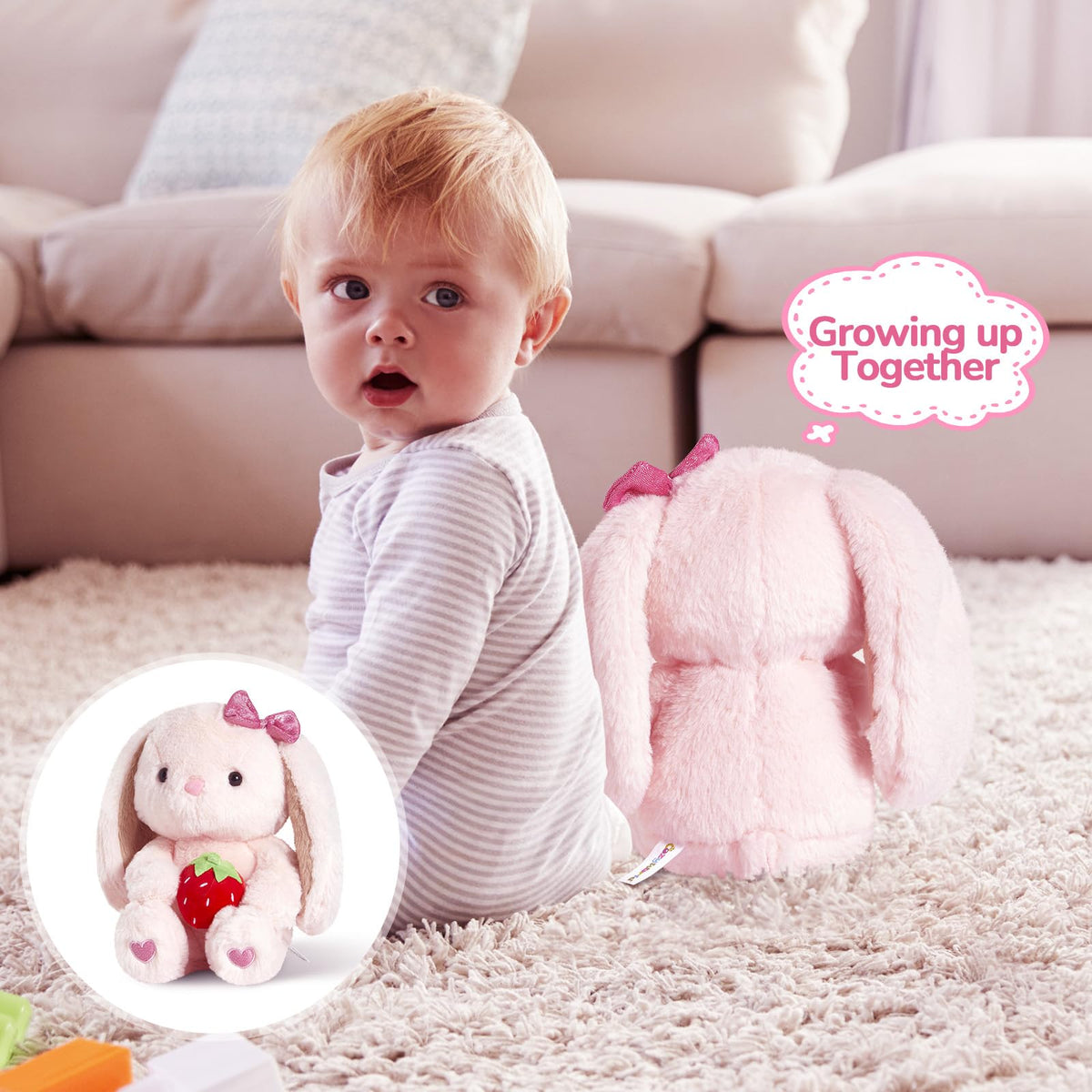 CozyWorld kid-friendly pink bunny plush, a perfect gift for ages 3+.