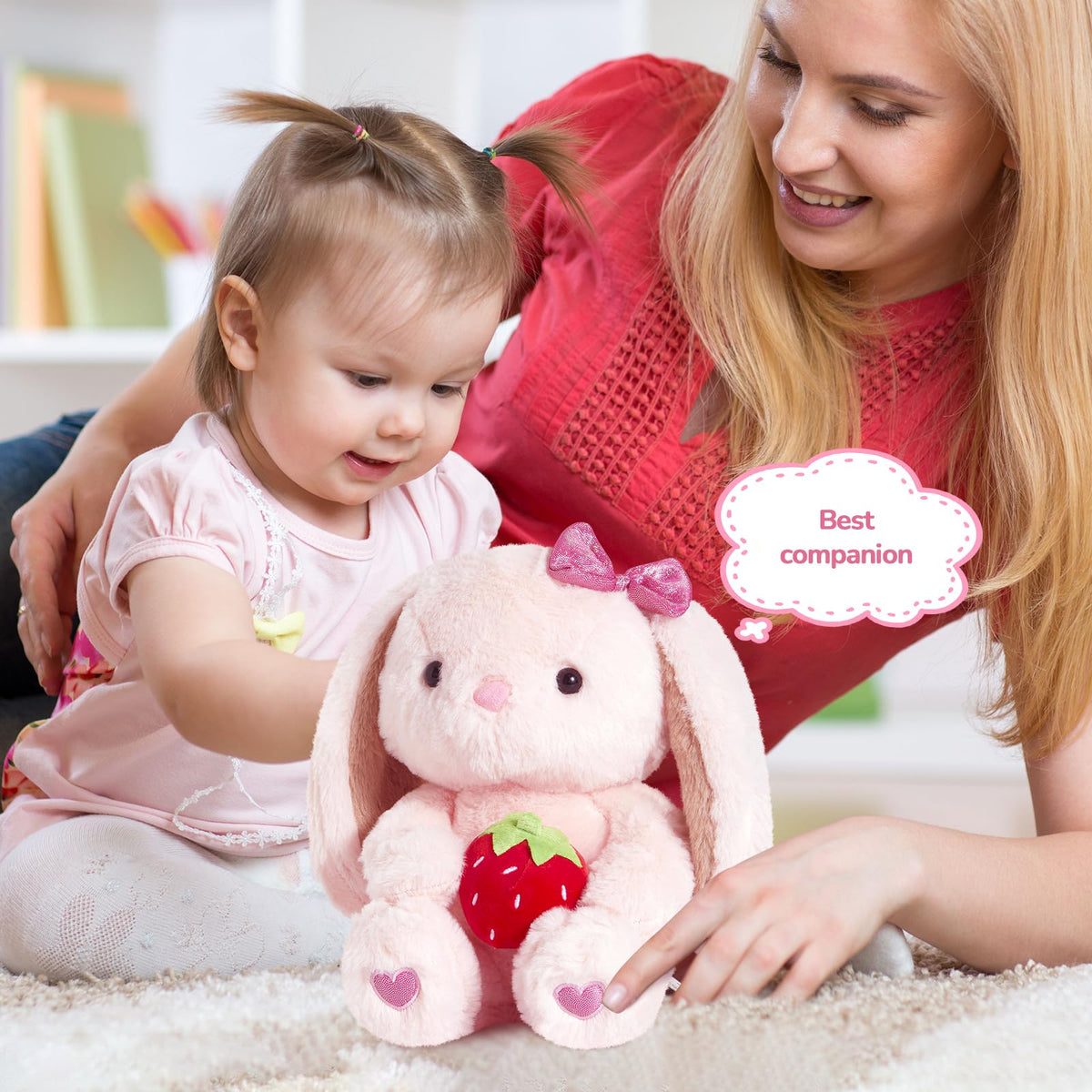 CozyWorld soft rabbit plush holding a strawberry, great for imaginative play.