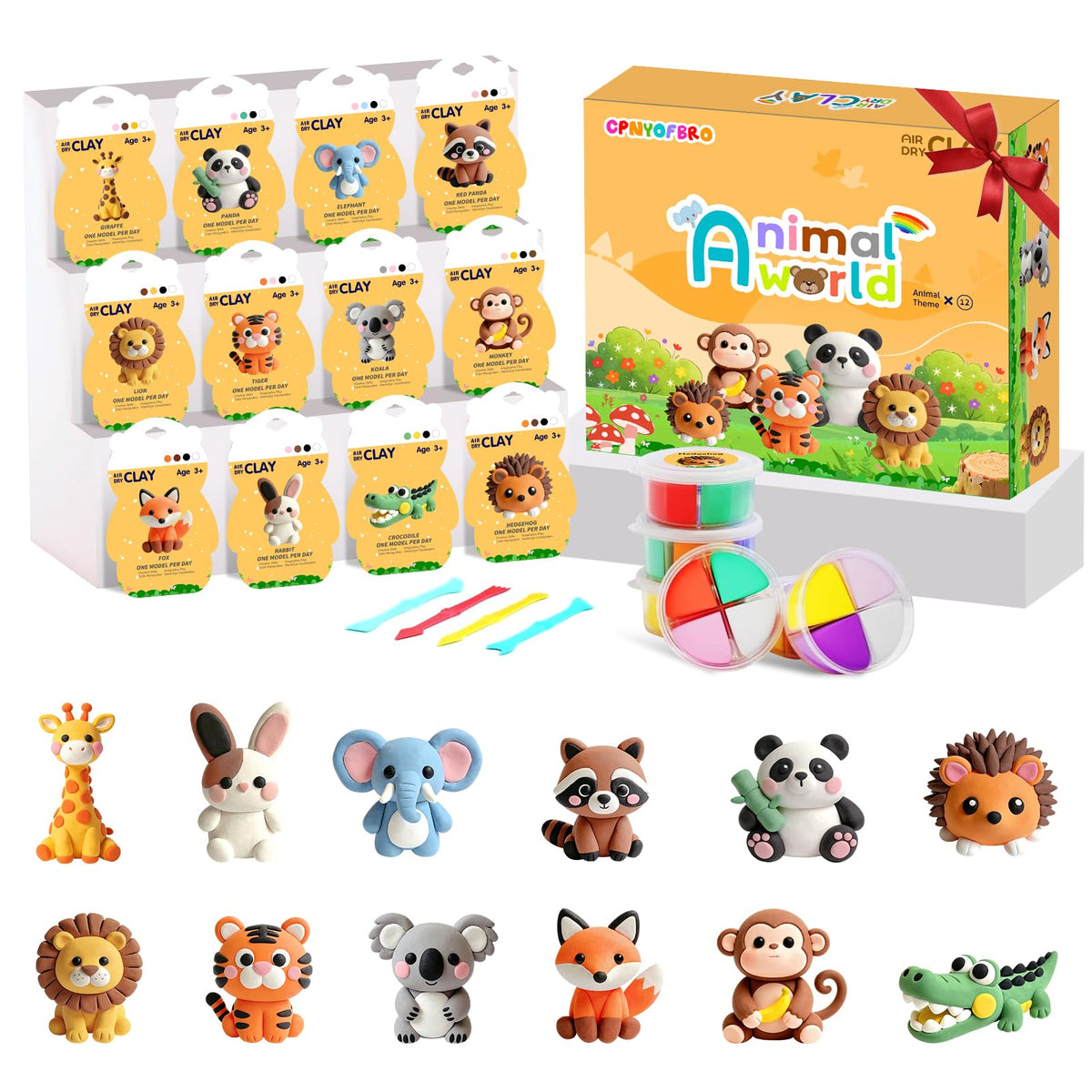 CPNYOFBRO air dry clay kit displays 12 animal models for engaging, screen-free crafting.
