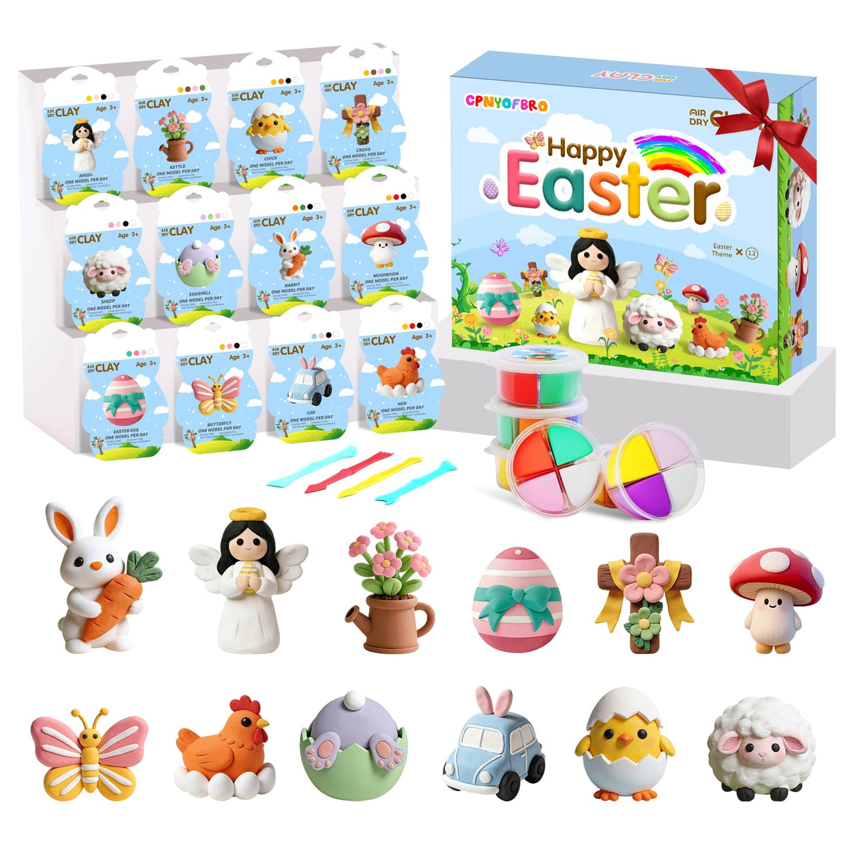 CPNYOFBRO Easter air-dry clay kit with 12 boxes for colorful, kid-friendly crafting.