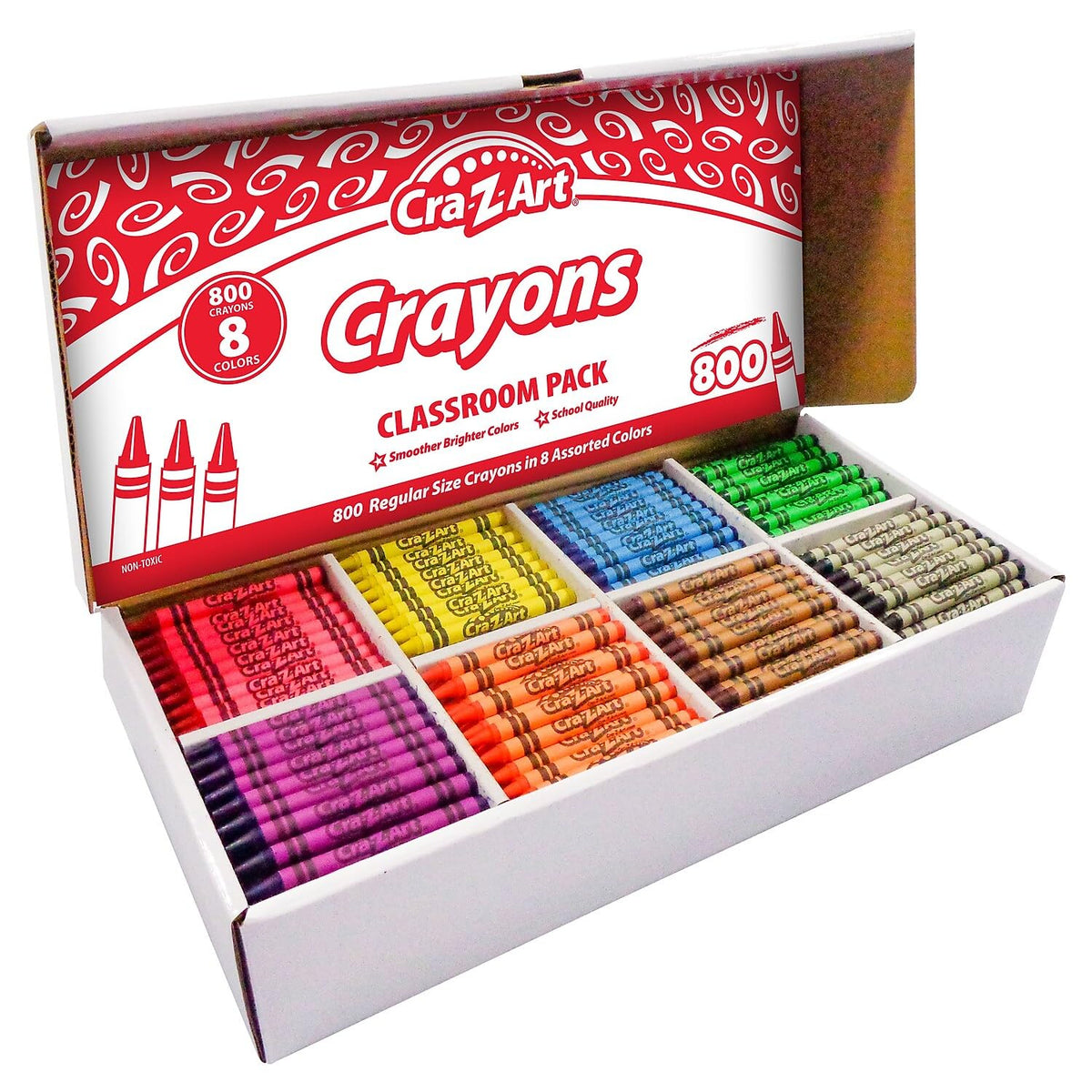 Cra-Z-Art 800ct crayons shown in color-index sections for easy classroom organization.