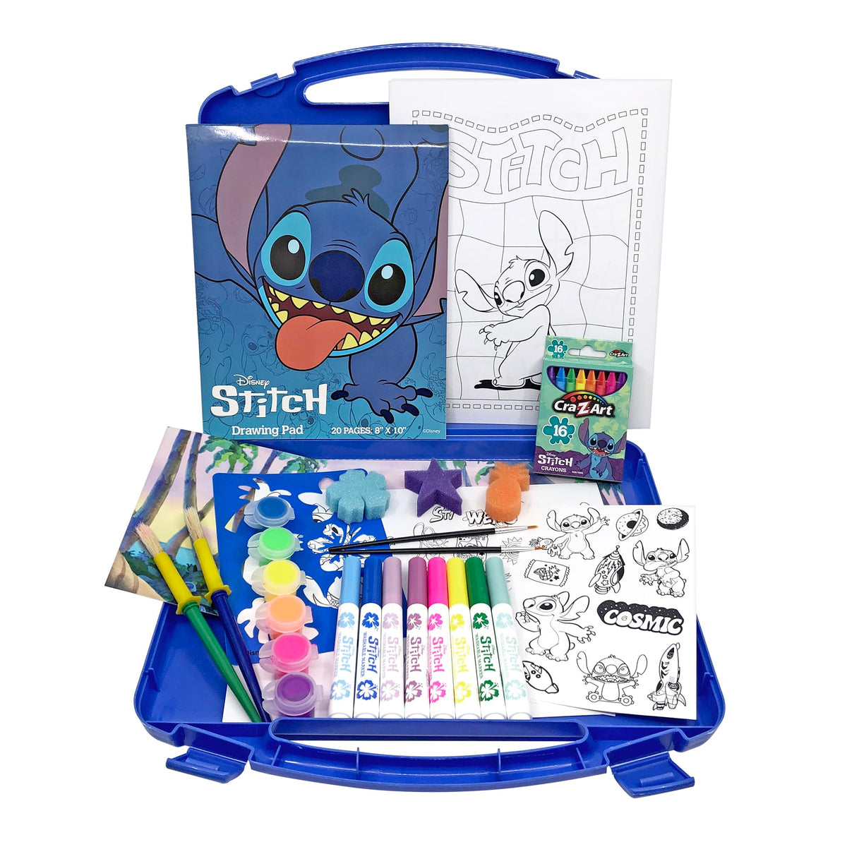 Disney Stitch activity pages and supplies ready for decorating