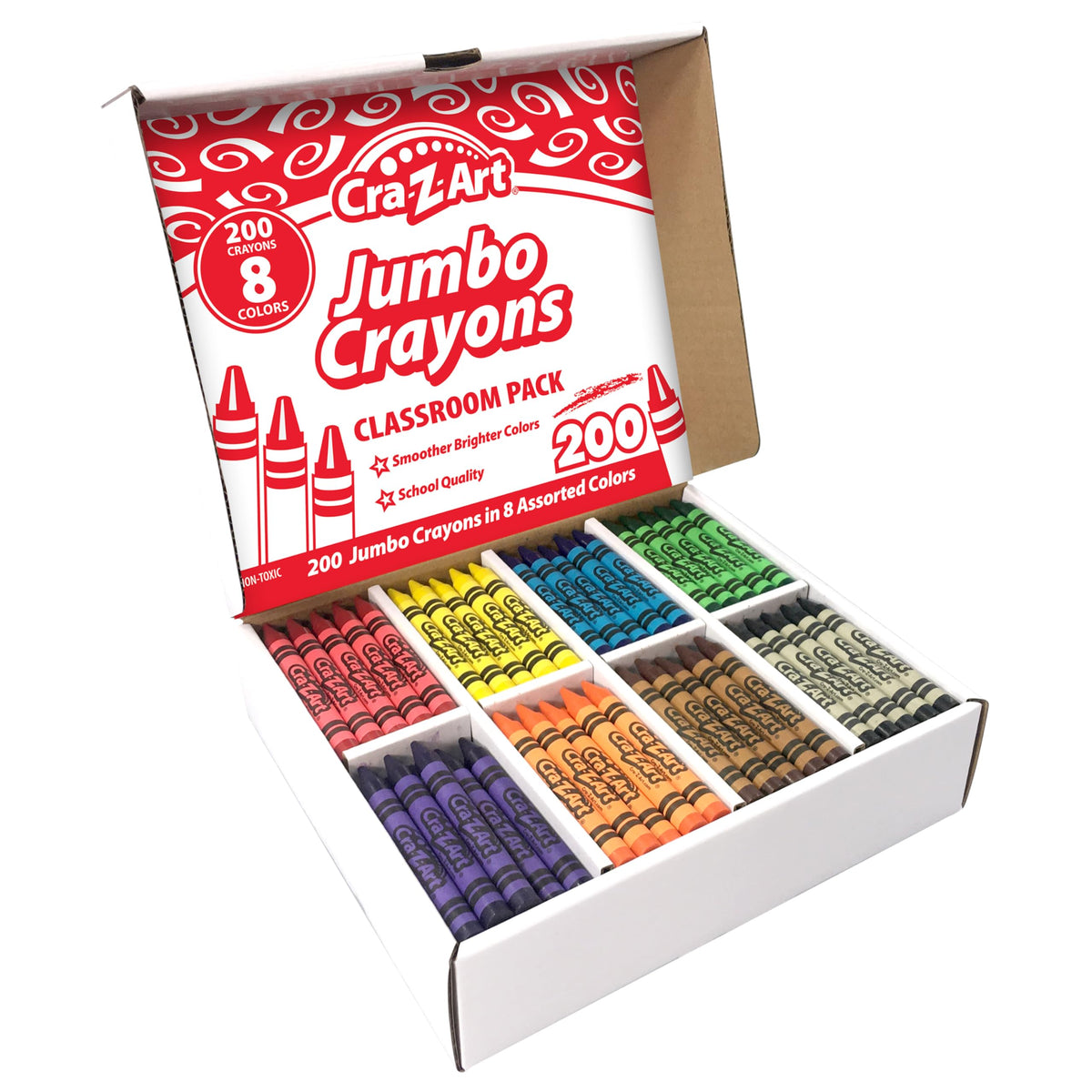 Eight vibrant colors with 25 crayons each and color-separated compartments for quick distribution.