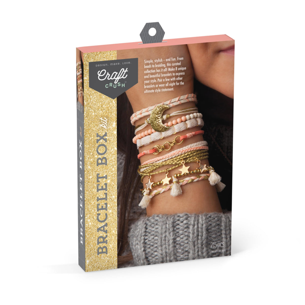 Craft Crush bracelet kit contents show cords, beads, and charms for creative projects.