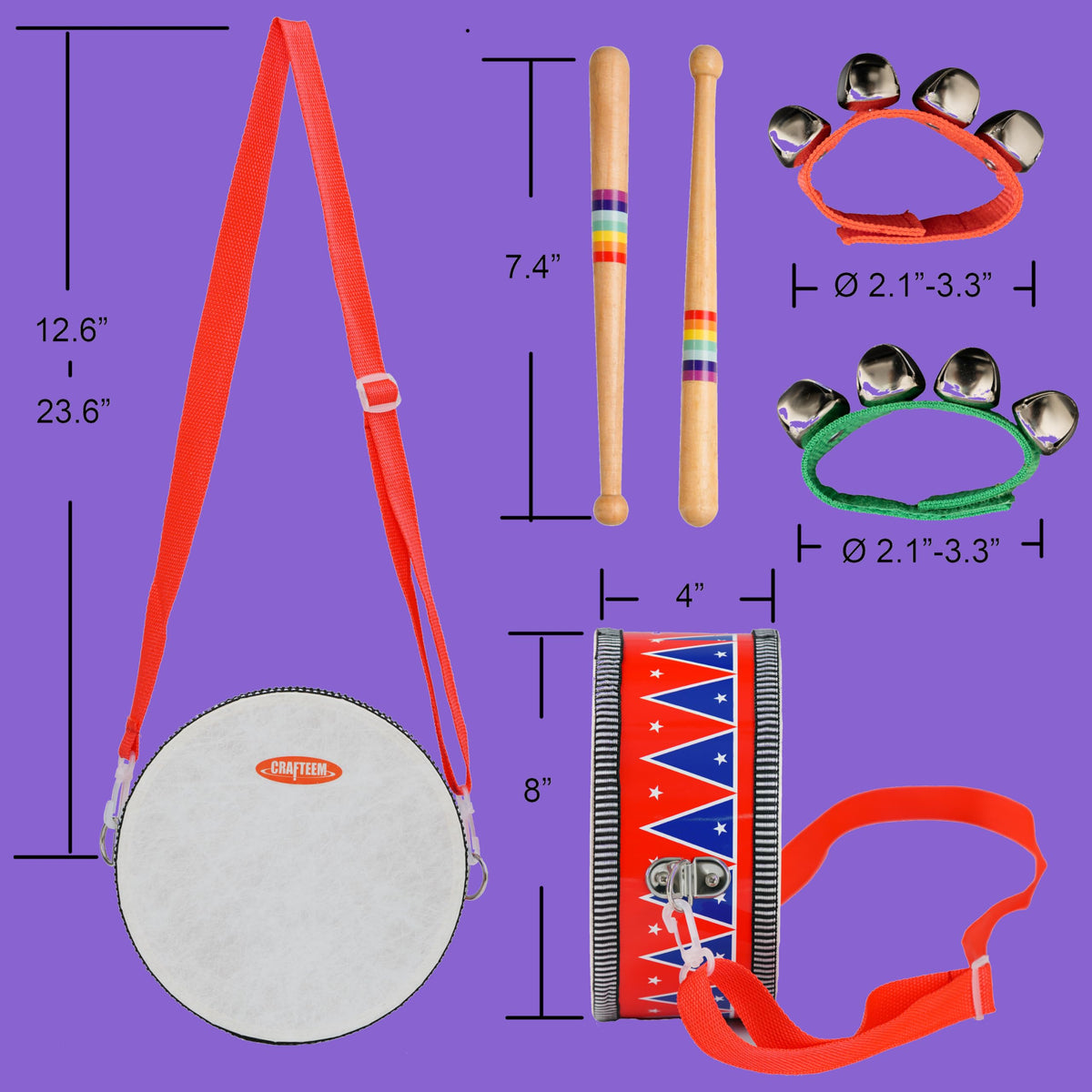 CRAFTEEM wooden drum frame with wrist bells supports safe toddler play