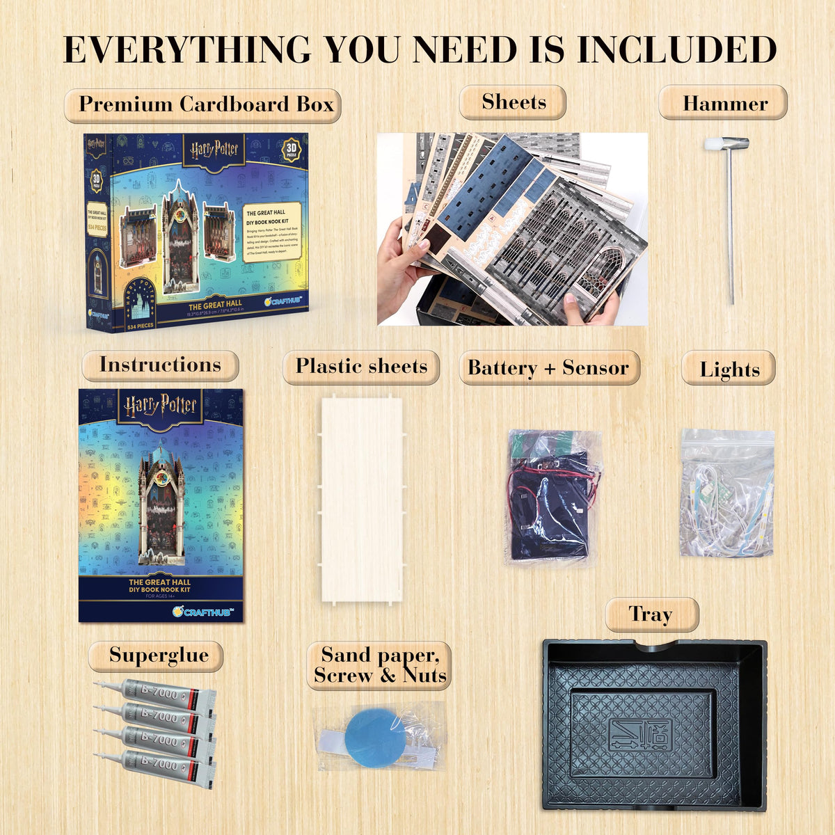 CRAFTHUB Harry Potter Great Hall Book Nook Kit assembly parts and guide