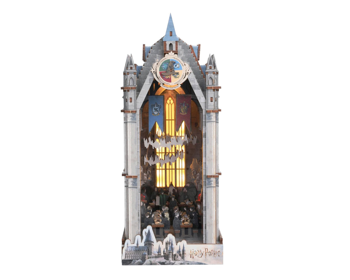 CRAFTHUB Harry Potter Great Hall Book Nook Kit front view with candles for shelf decor