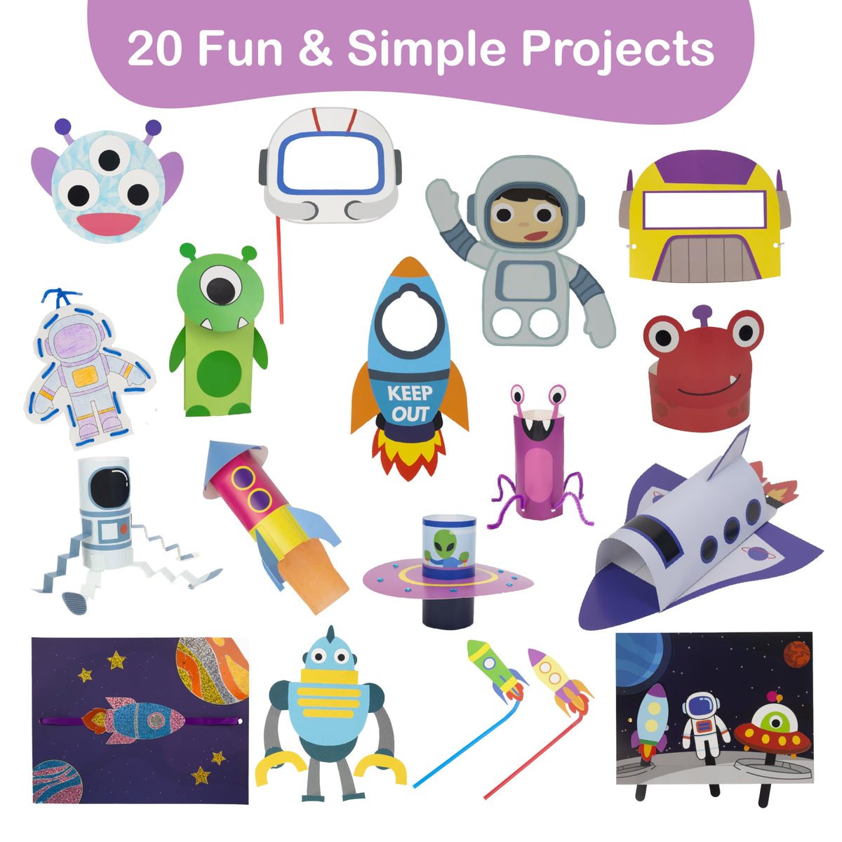 Craftikit 20 Space galaxy-themed projects showcase vivid colors and simple steps for ages 3+.