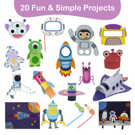 Craftikit 20 Space galaxy-themed projects showcase vivid colors and simple steps for ages 3+.