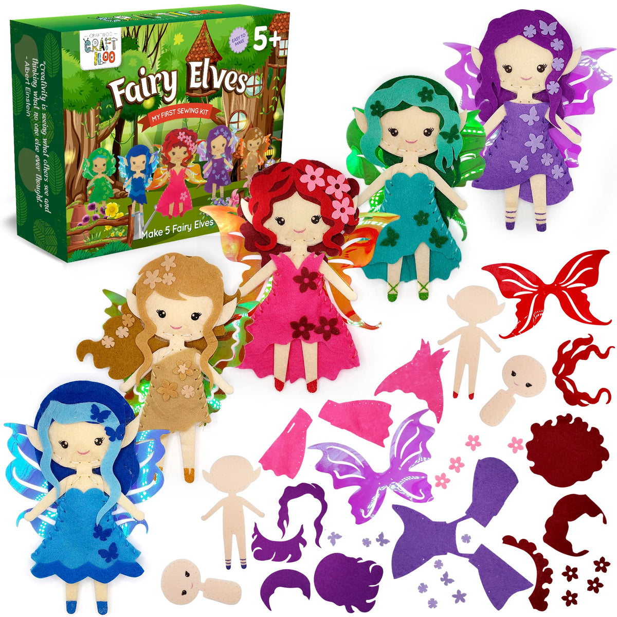 Craftiloo Fairy Elves Sewing Kit for Kids, kit open, inspiring beginner-friendly creative play.
