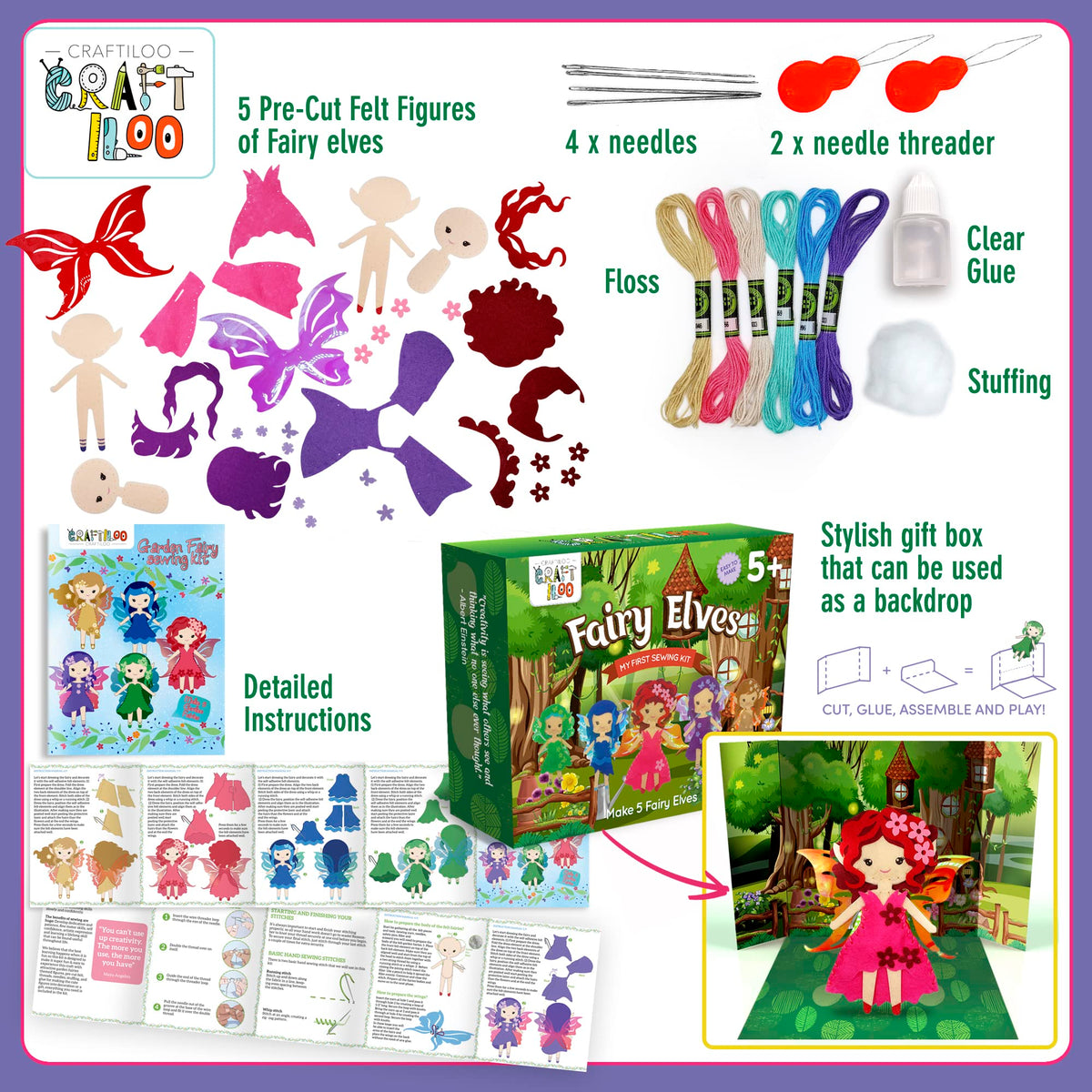 Craftiloo Precut Felt Fairy pack—ready-to-sew pieces help kids learn stitches.