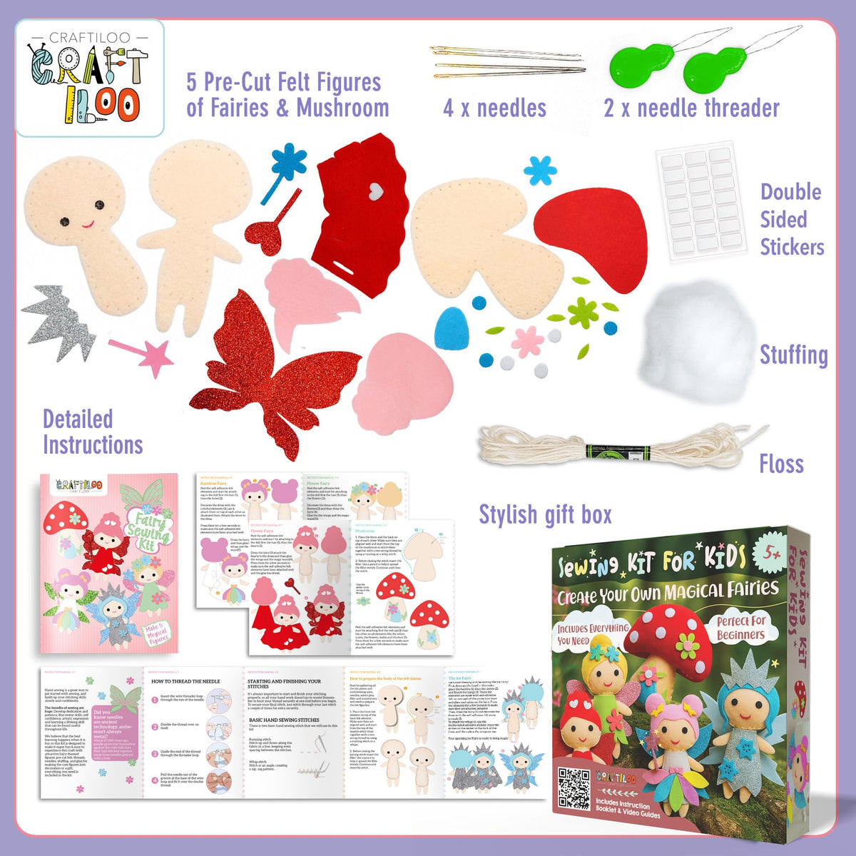 CRAFTILOO safety needles and embroidery floss for kids' crafting