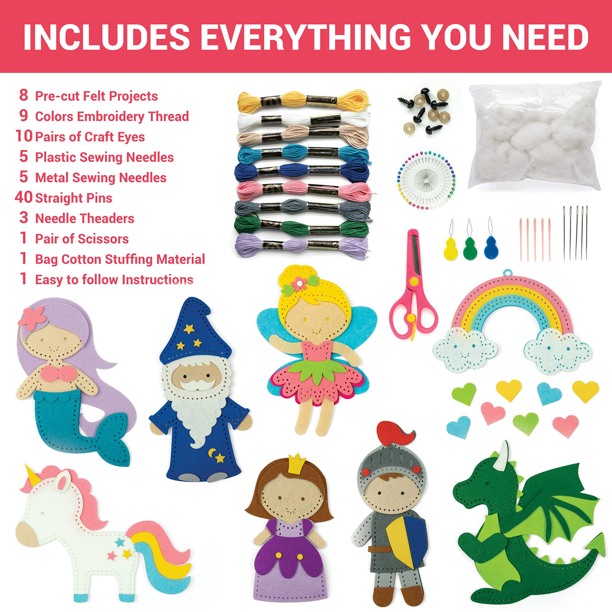 Nine embroidery thread colors included for bright, varied stitching with the Craftorama kit.