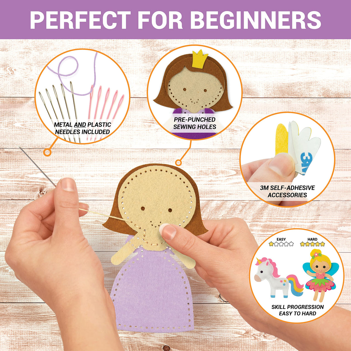Safety-focused needles included for kid-friendly sewing in the Craftorama kit.