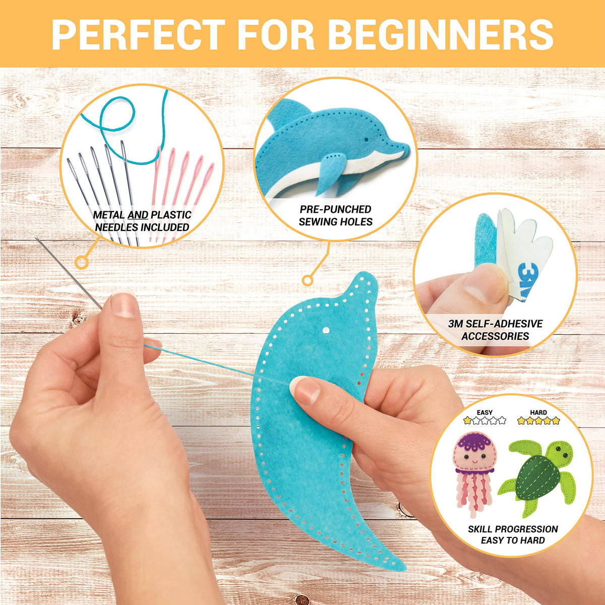 Craftorama Sewing Kit includes safe needles and scissors for beginner sewing practice.