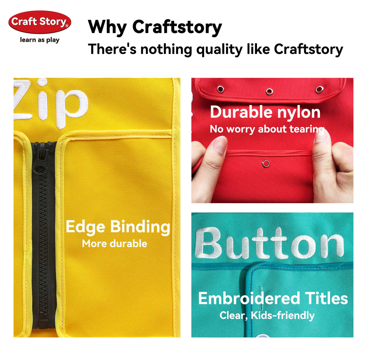 Craftstory busy-board highlights snap and loop tasks for dressing independence