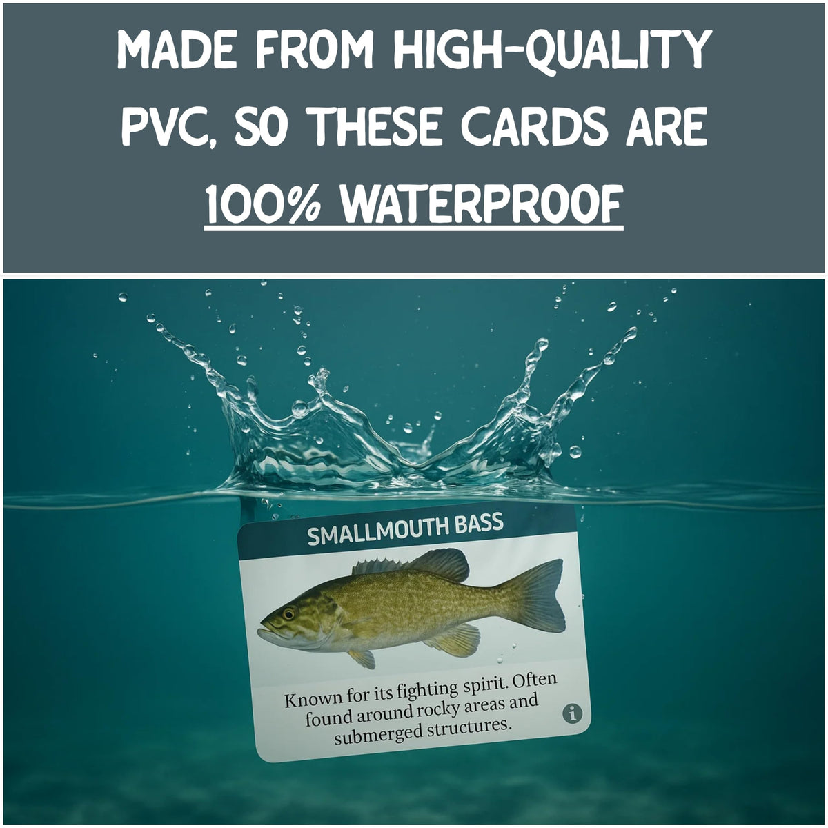 Crane Publishing Freshwater ID Cards 52 durability image shows water-resistant cards for outdoors.