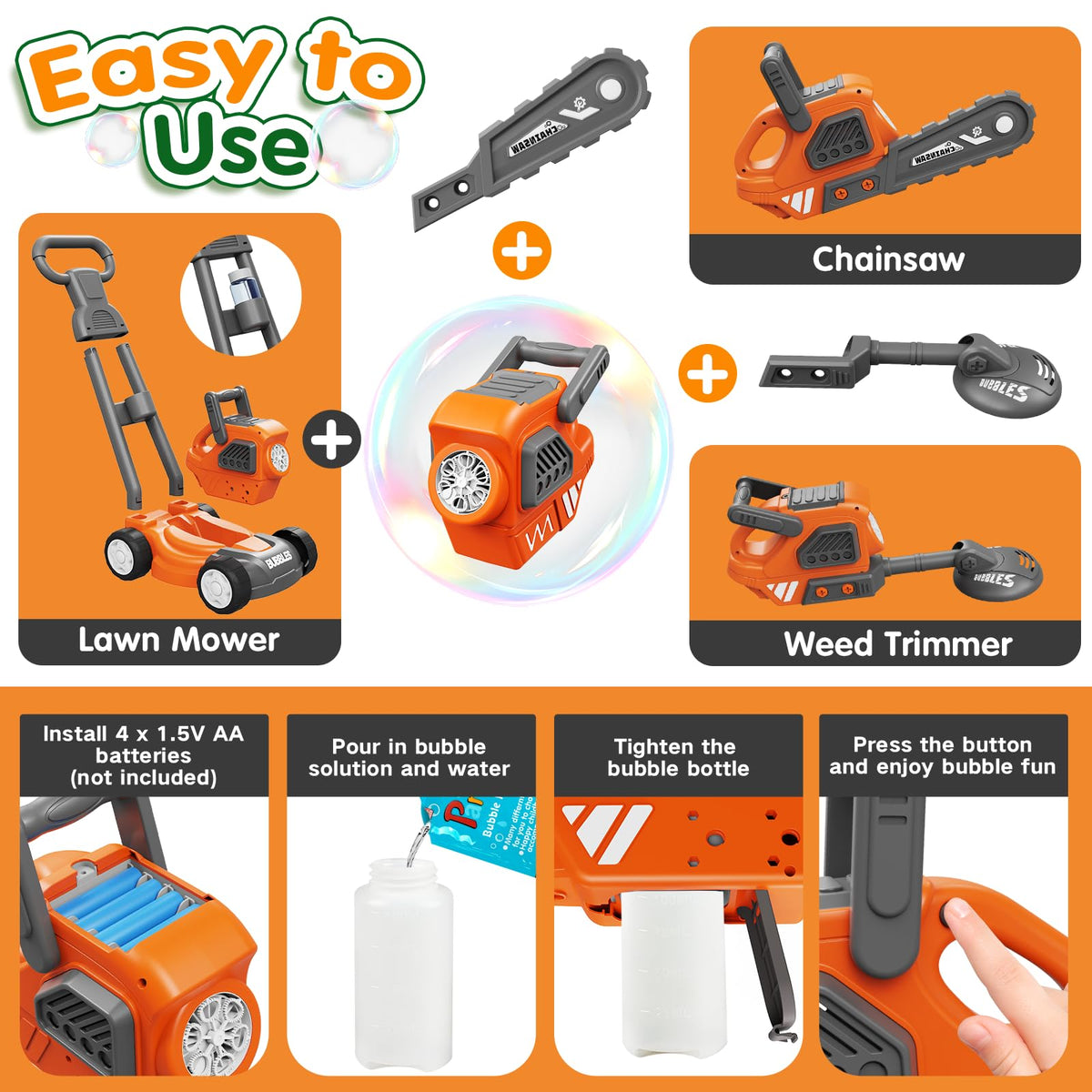 CRATIVWOOD tool heads shown for chainsaw conversion during pretend play