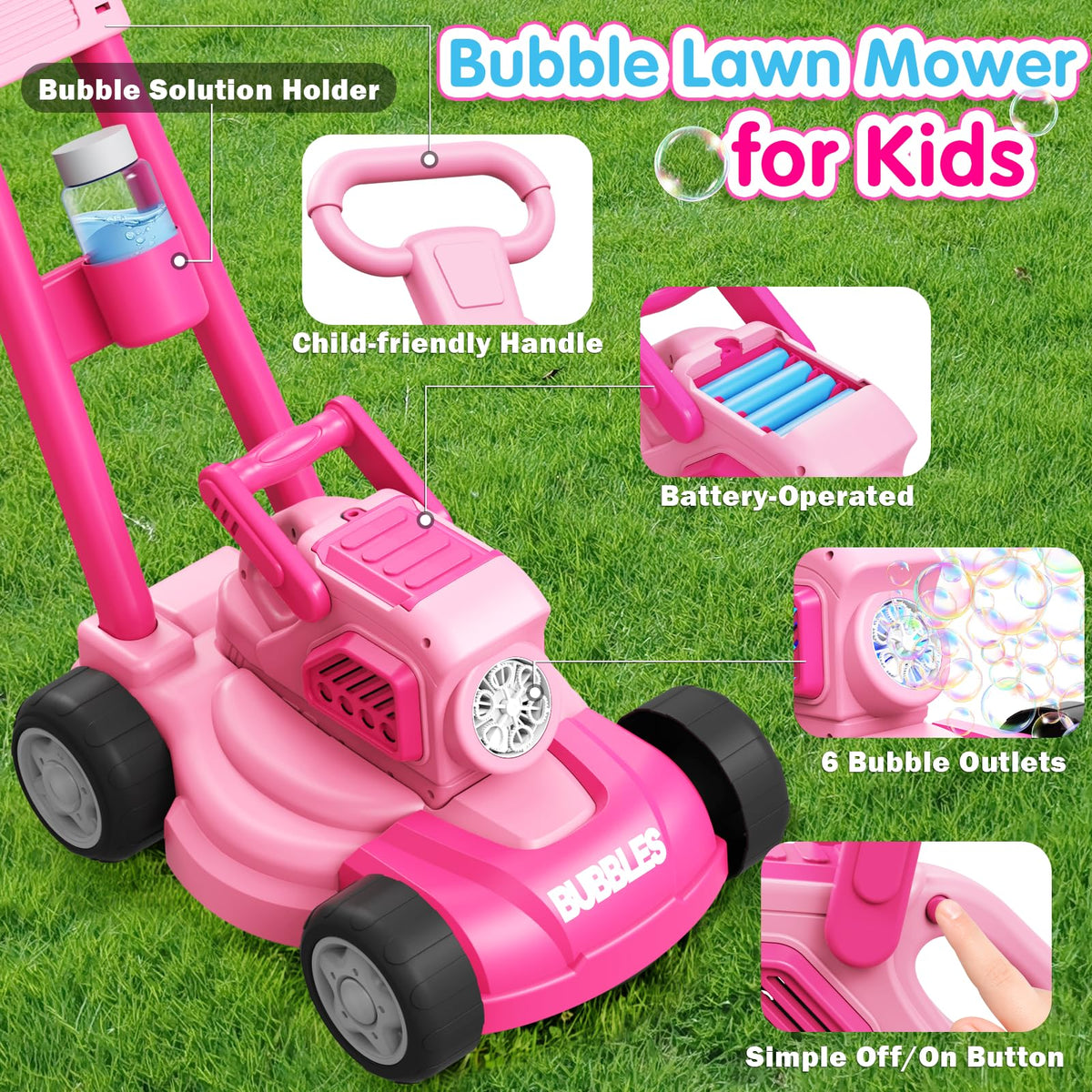 CRATIVWOOD Bubble mower in action blowing dozens of colorful bubbles.
