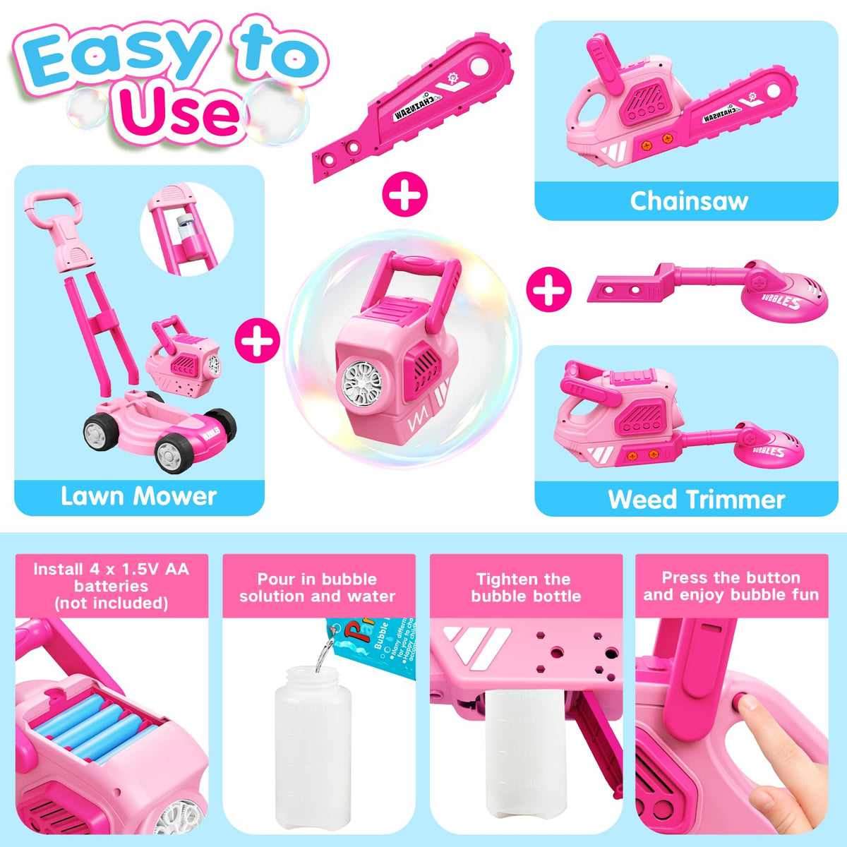 CRATIVWOOD Bubble solution pack highlighting easy mixing for hours of outdoor bubbles.