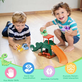 CRATIVWOOD dinosaur ramp slide with four mini cars promotes pretend play