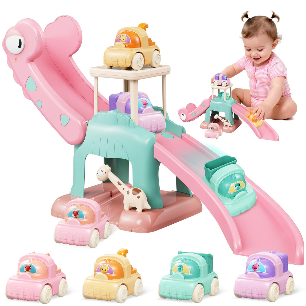 CRATIVWOOD dinosaur car ramp slide for toddlers – smooth gravity play.