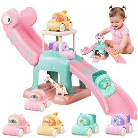 CRATIVWOOD dinosaur car ramp slide for toddlers – smooth gravity play.