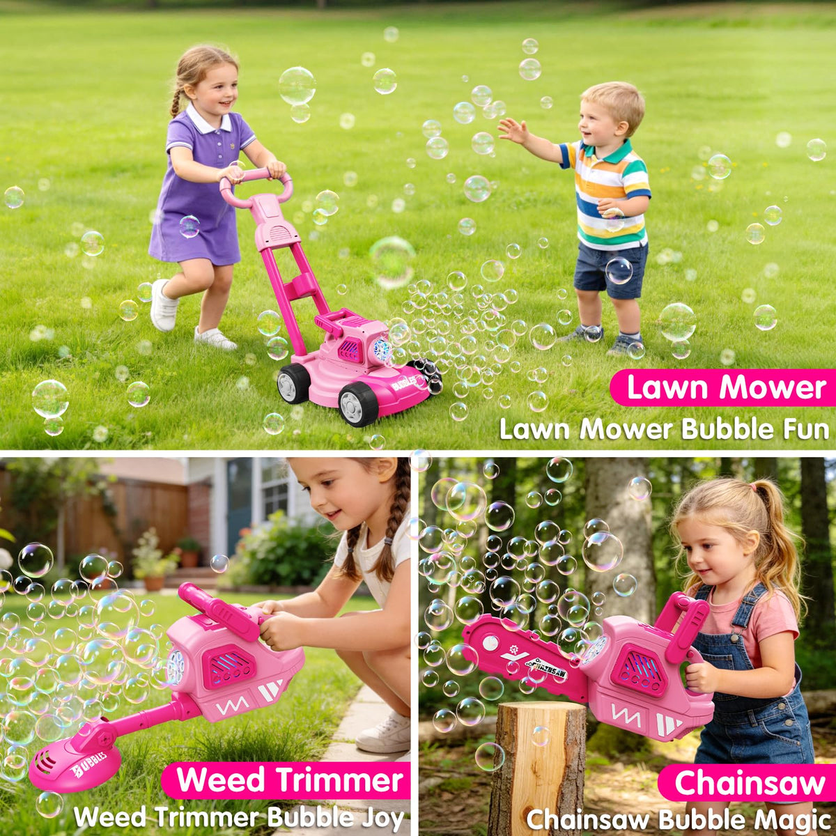 CRATIVWOOD Kids enjoying outdoor play with bubble mower in the yard.