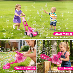 CRATIVWOOD Kids enjoying outdoor play with bubble mower in the yard.