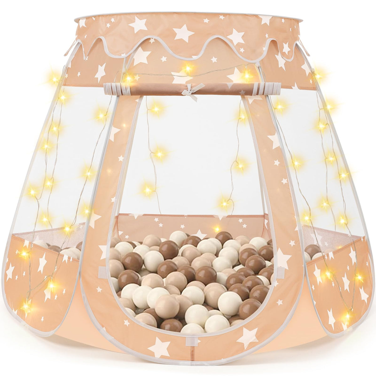 Crayline pop up princess tent with star light in brown for playful imagination.
