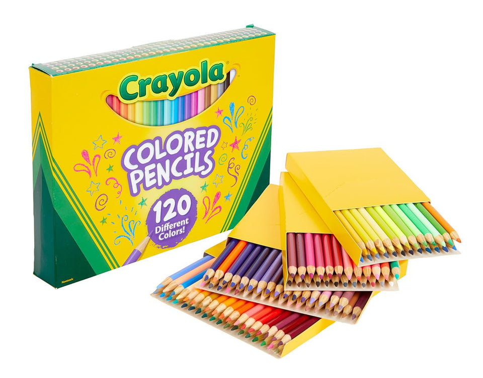 Crayola 120-count colored pencils in a box front for vibrant kid art projects.