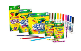 Crayola 80-piece art supplies set with crayons, markers and pencils for classroom creativity.