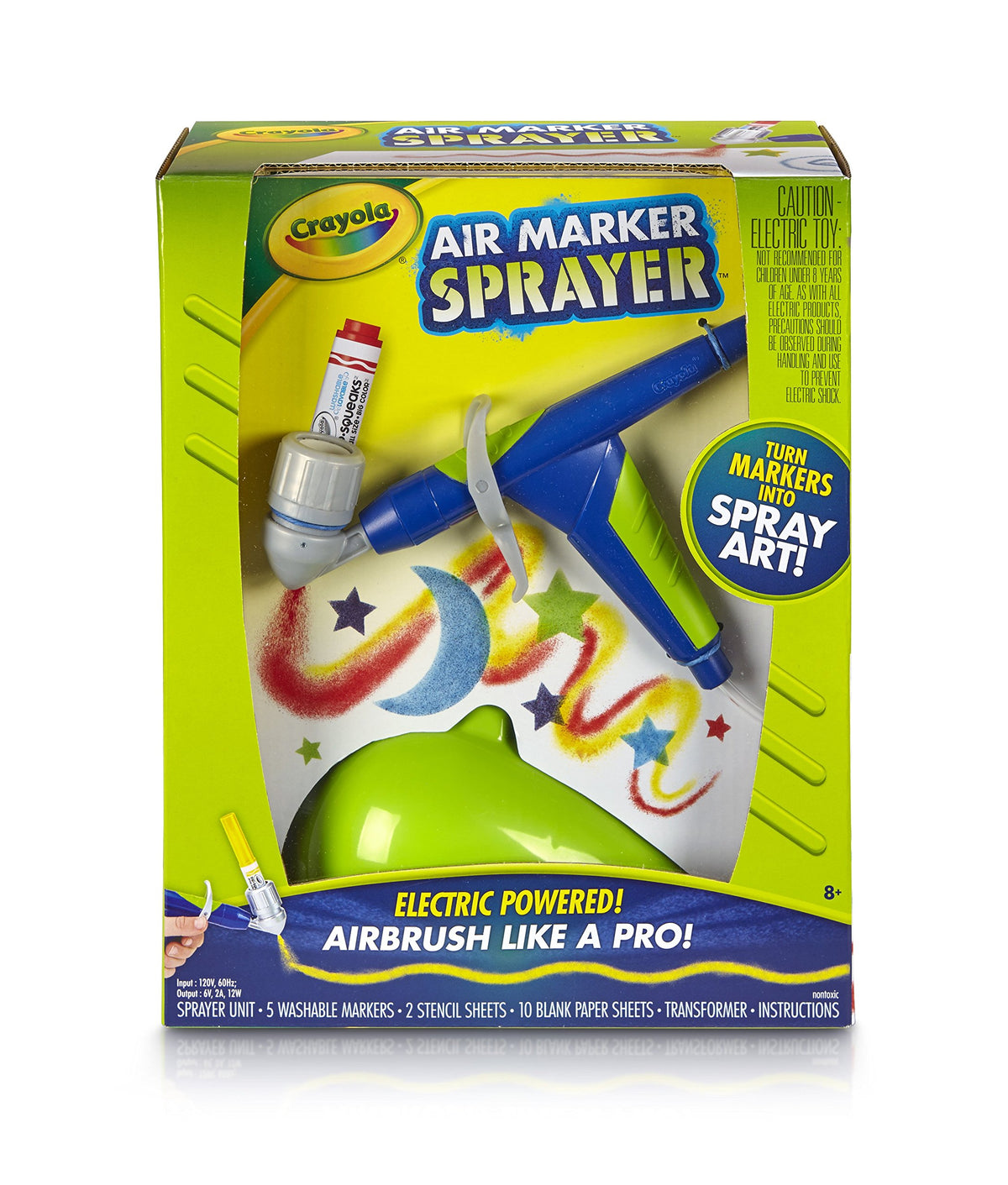 Crayola Air Marker Sprayer in use with markers creating vibrant spray on paper