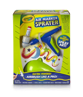 Crayola Air Marker Sprayer in use with markers creating vibrant spray on paper