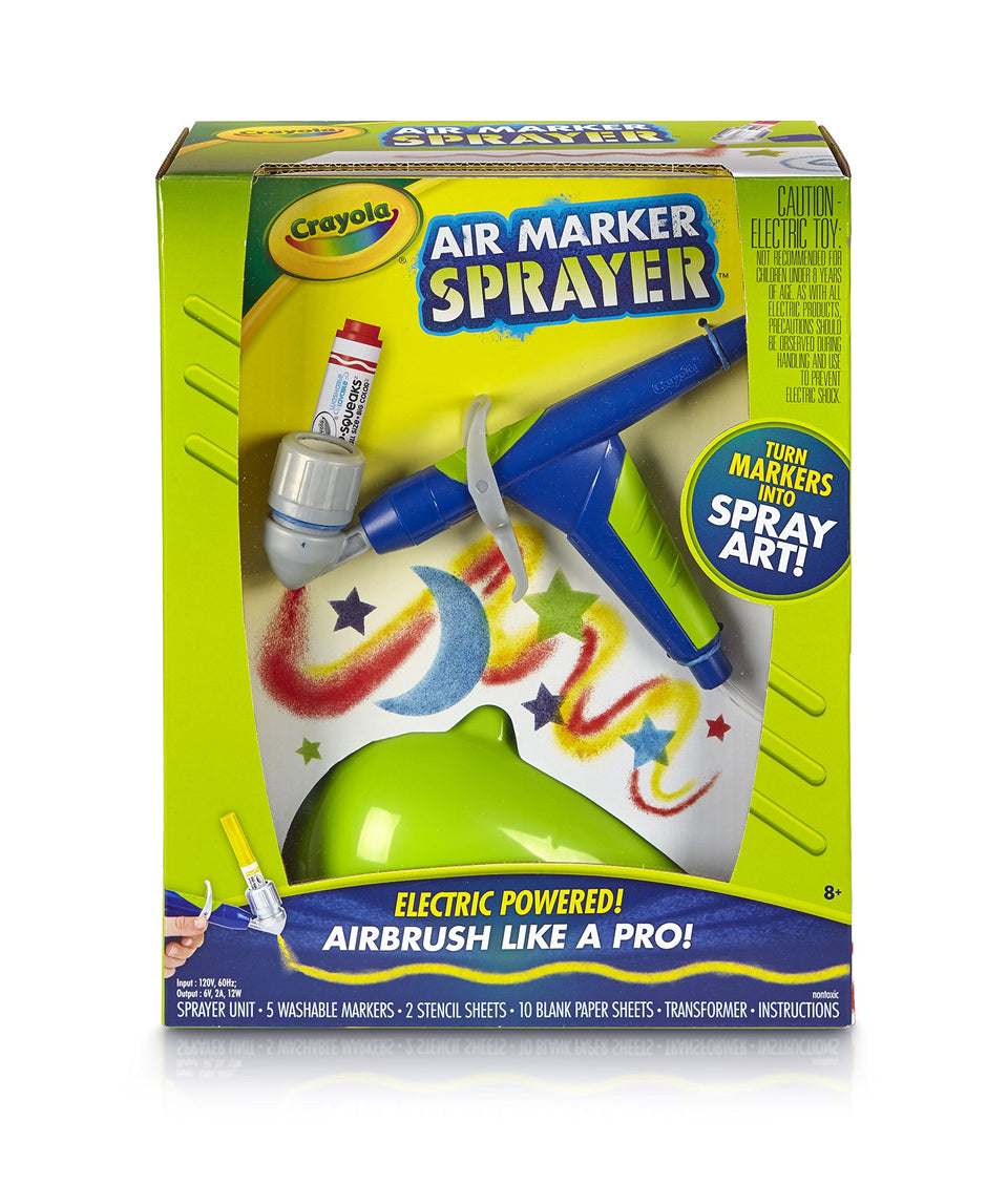 Crayola Air Marker Sprayer in use with markers creating vibrant spray on paper