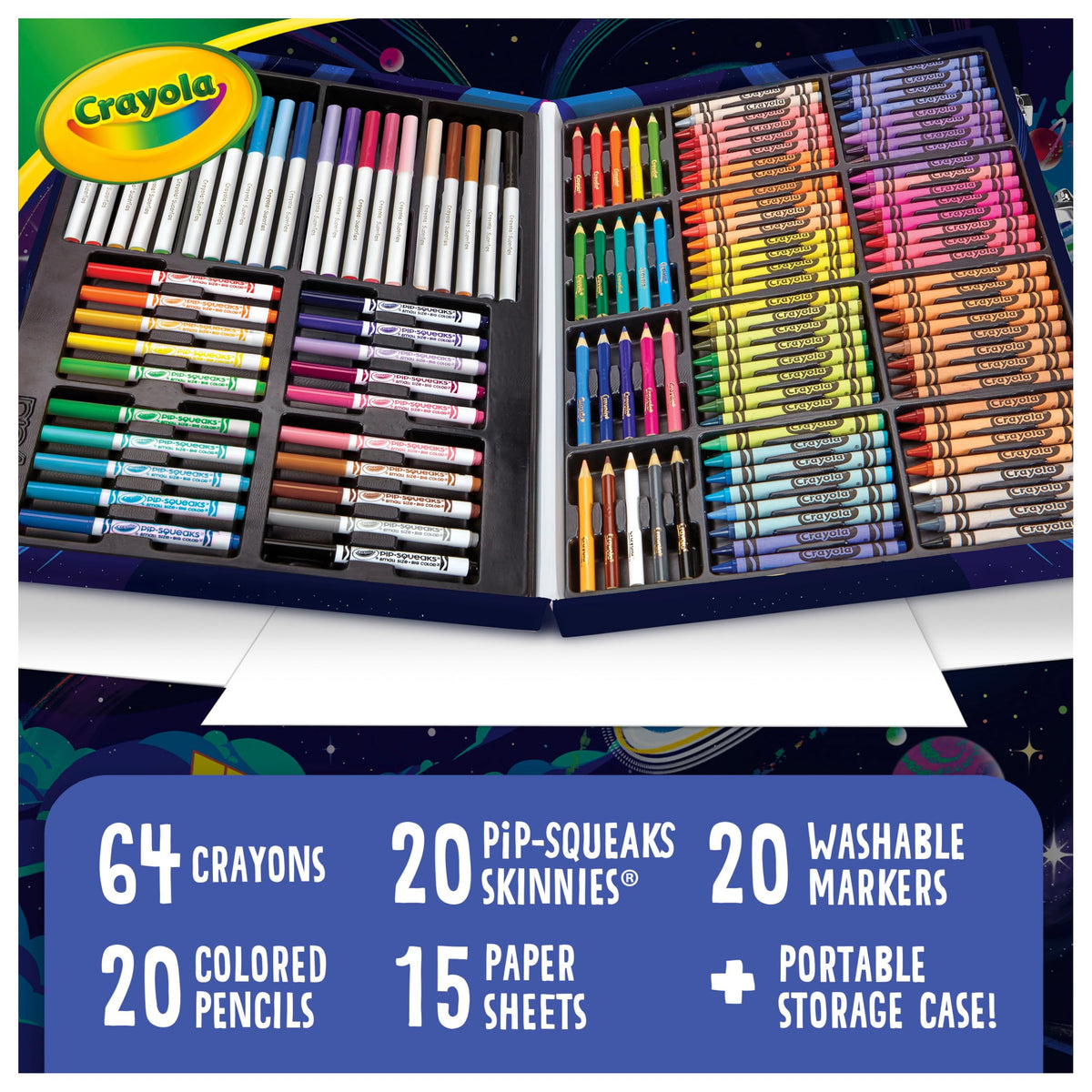 Space-themed carrying case with trays and compartments for tidy storage.