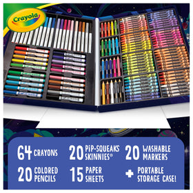 Space-themed carrying case with trays and compartments for tidy storage.