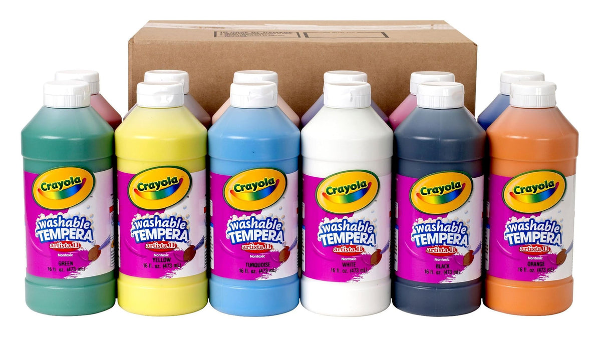 Crayola Artista II washable tempera paint set with 12 colors in 16oz bottles, ideal for classrooms.