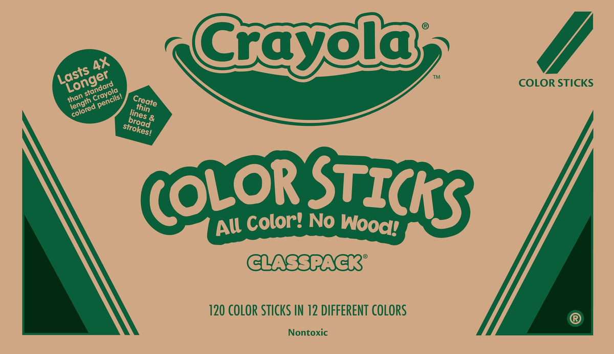 Crayola Color Sticks woodless 120ct classpack ready for classroom coloring without sharpening waste.