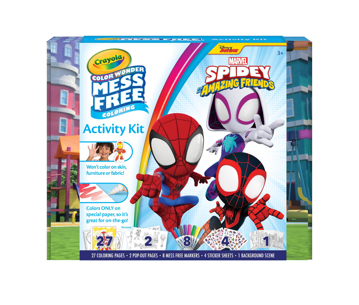 Crayola Color Wonder Spidey pages featuring 27 scenes for creative coloring and storytelling