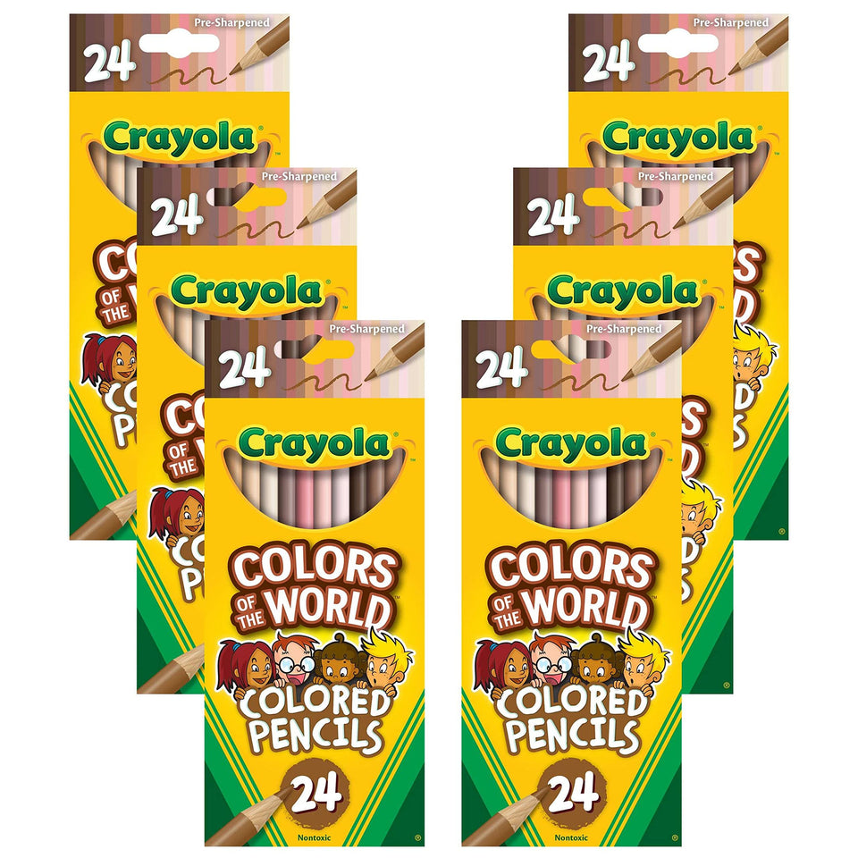 Crayola Colors of the World bulk 6-pack pencils in a labeled box for classroom use.