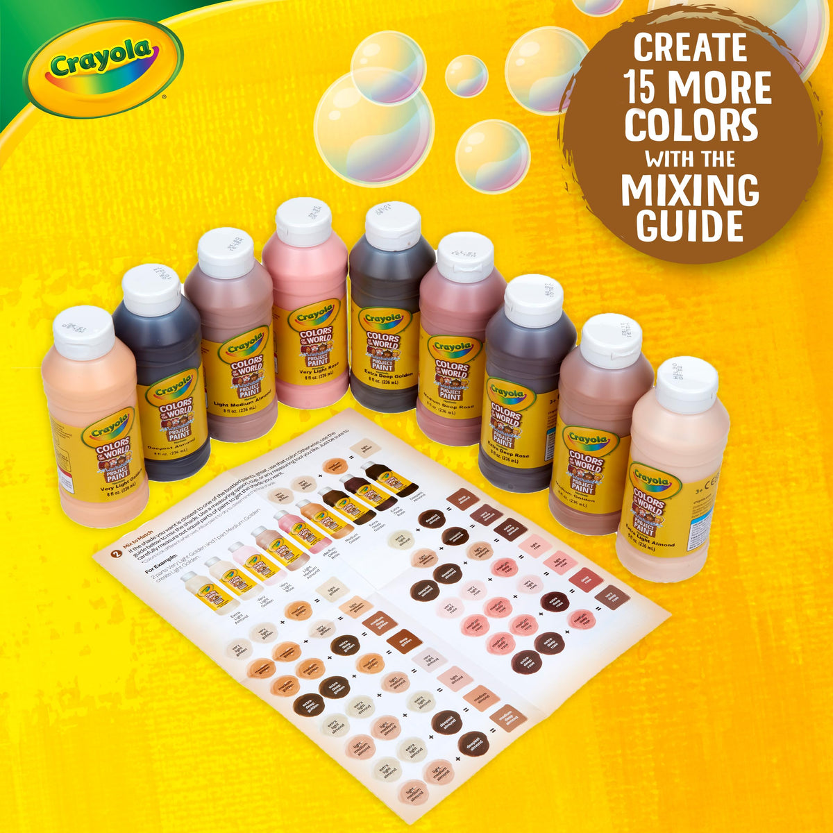 Crayola Colors of the World 8oz bottles shown on a table for kids art