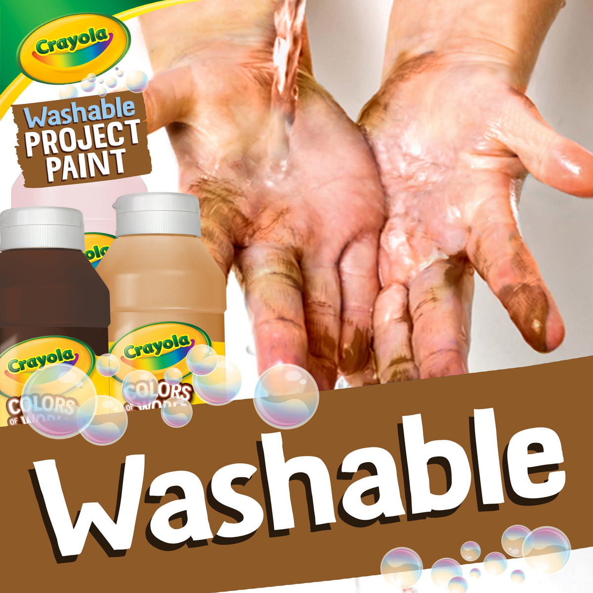 Washable Crayola Colors of the World paint shown, highlighting easy cleanup feature