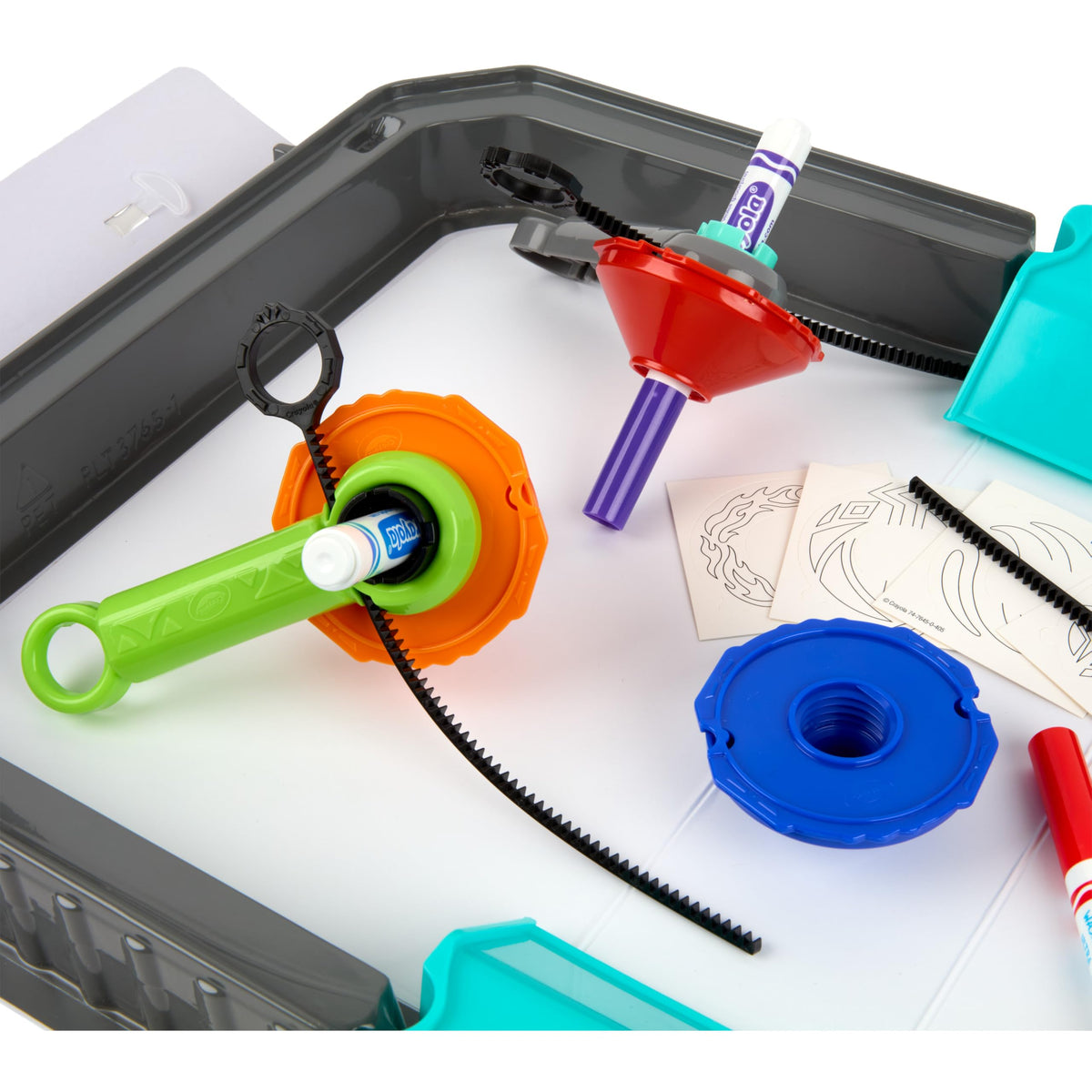 Crayola Colourwhirls carrying case keeps everything organized for on-the-go fun.
